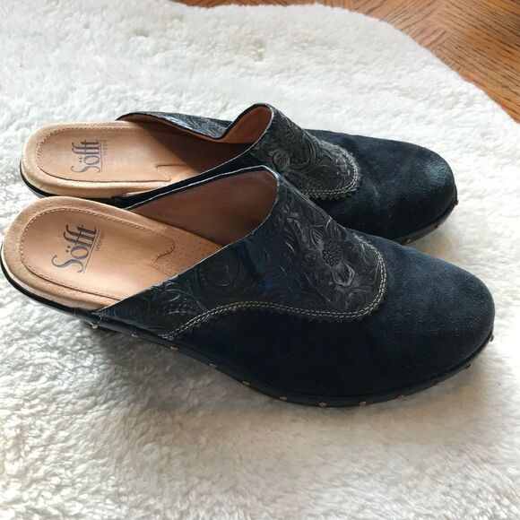 Sofft 9.5 Blue Suede Tooled Leather Heeled Mule - Picture 5 of 7
